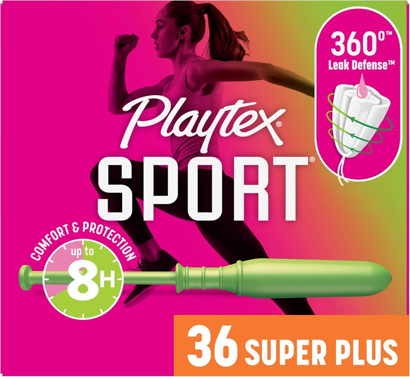 playtex تامبون رياضي سوبر بلس بامتصاص عالي، خالي من العطور - 36 قطعة | تامبون سوبر بلس للنساء، العناية النسائية، تامبون مع دفاع ضد التسرب 360 درجة - Image 1